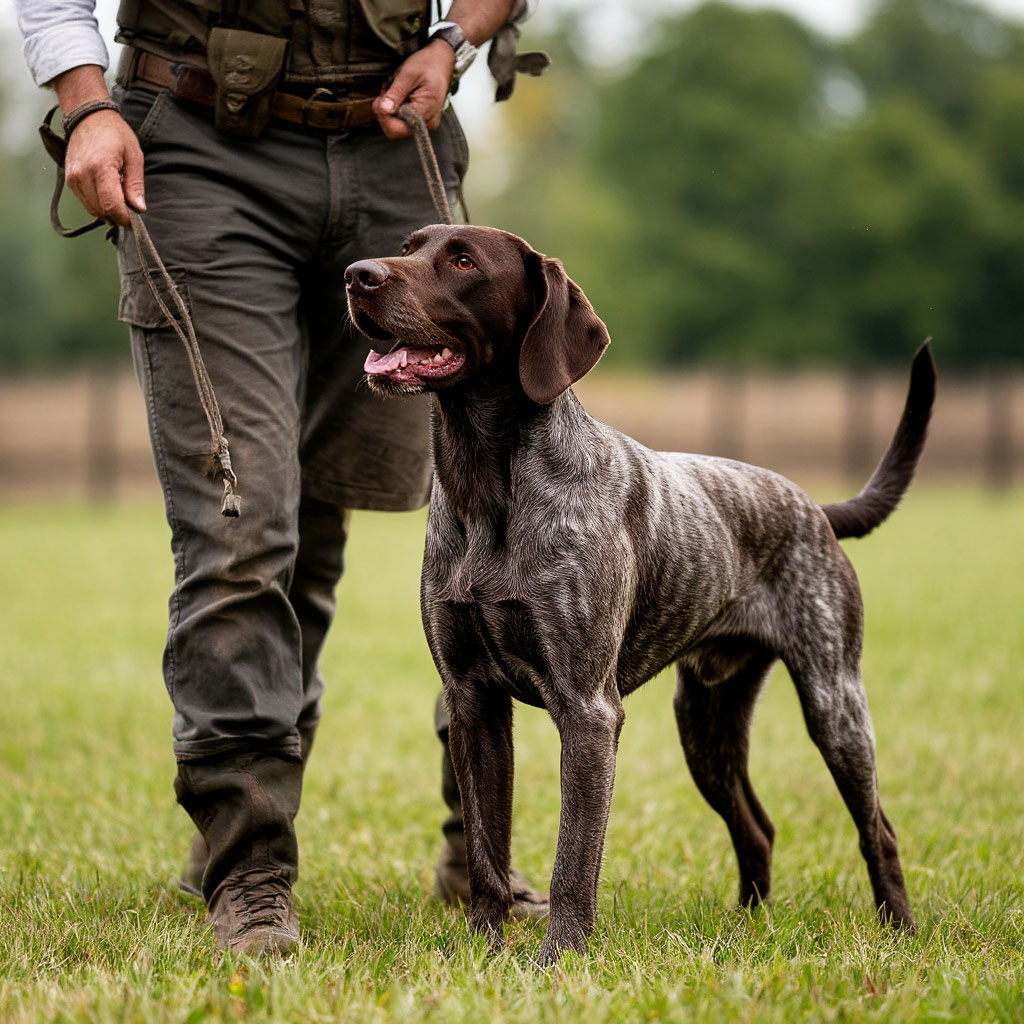 Professional trainer working with a German Wirehaired Pointer