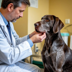 Veterinary checkup for aging GWP rescue dog